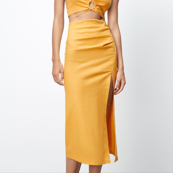 NWT ZARA Tropical Yellow Linen Blend Ruched Midi Skirt L - Picture 1 of 8